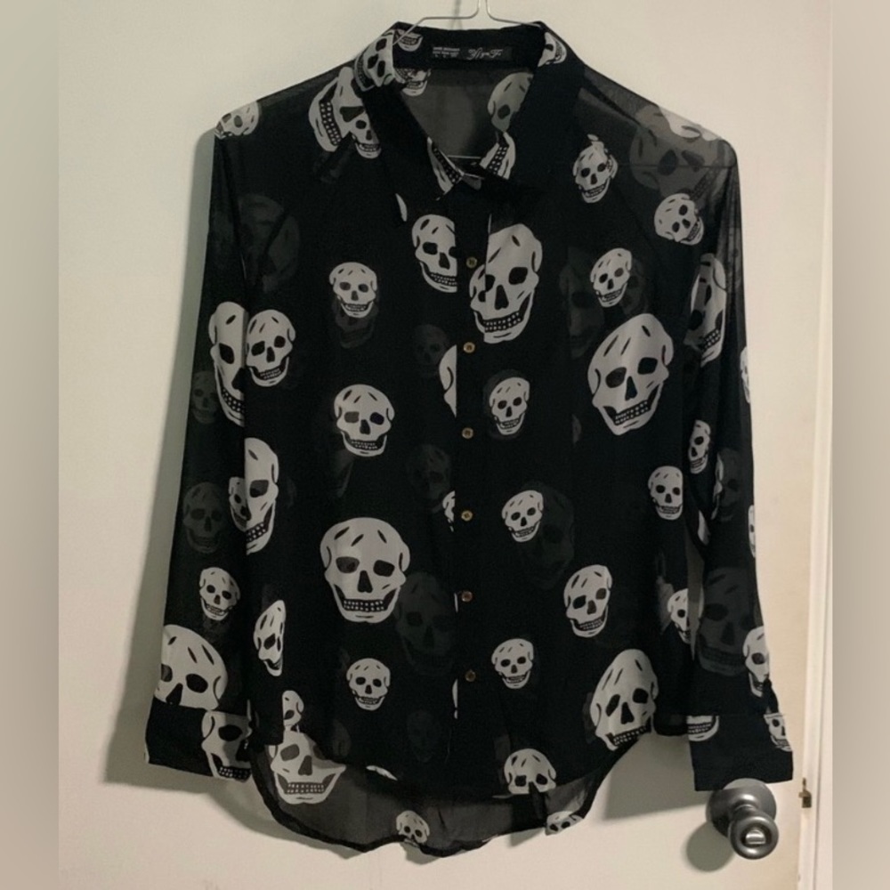 Skull Pattern Black Sheer Button Down Top - image 3